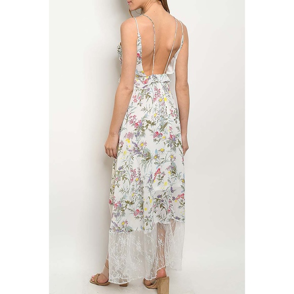 White Floral Sleeveless Ruffle Lace Trim Backless Maxi Dress - Picture 2 of 14